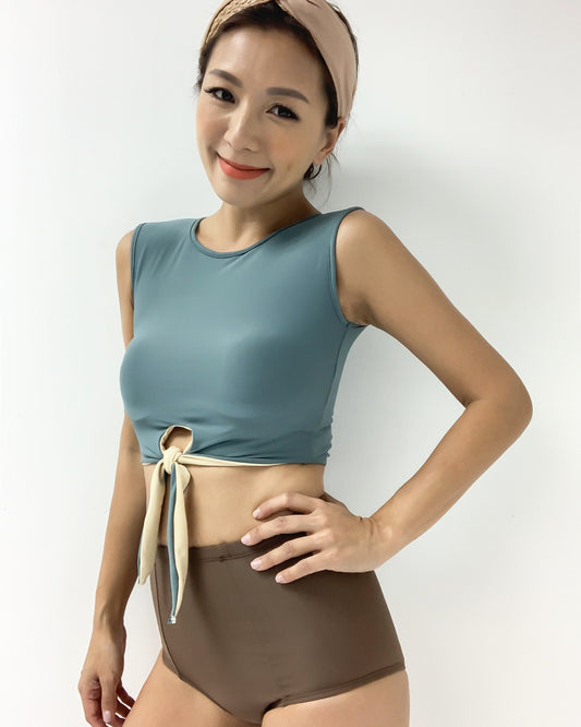 copper green tie-up front cropped vest with mid waist brown bottom swimwear *pre-order*