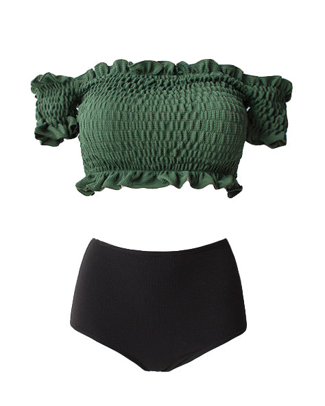 green ruched off shoulders & black high waist texture bottom bikini  *pre-order*