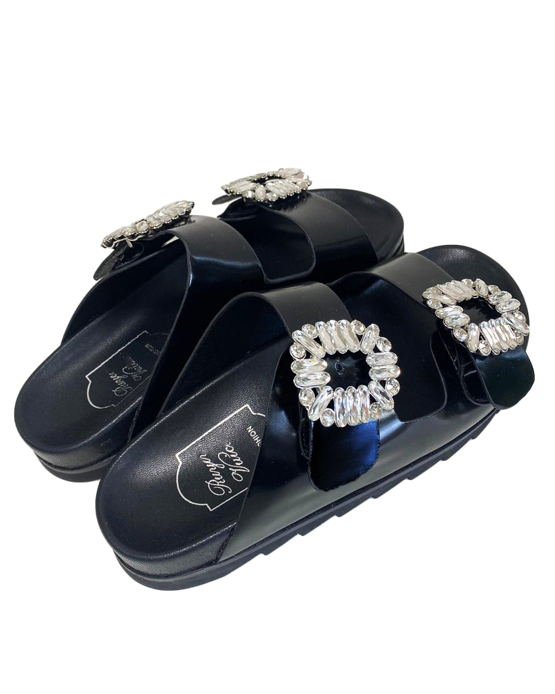 black PU leather double diamond buckles sandals *pre-order*