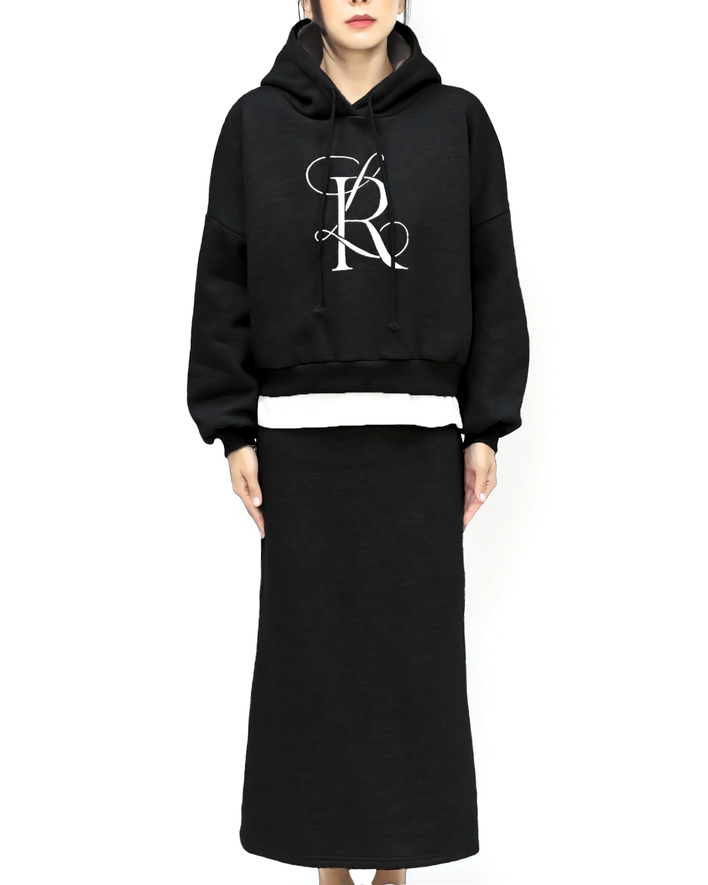 black embellished hoodie soft sweatshirt & skirt set *pre-order*