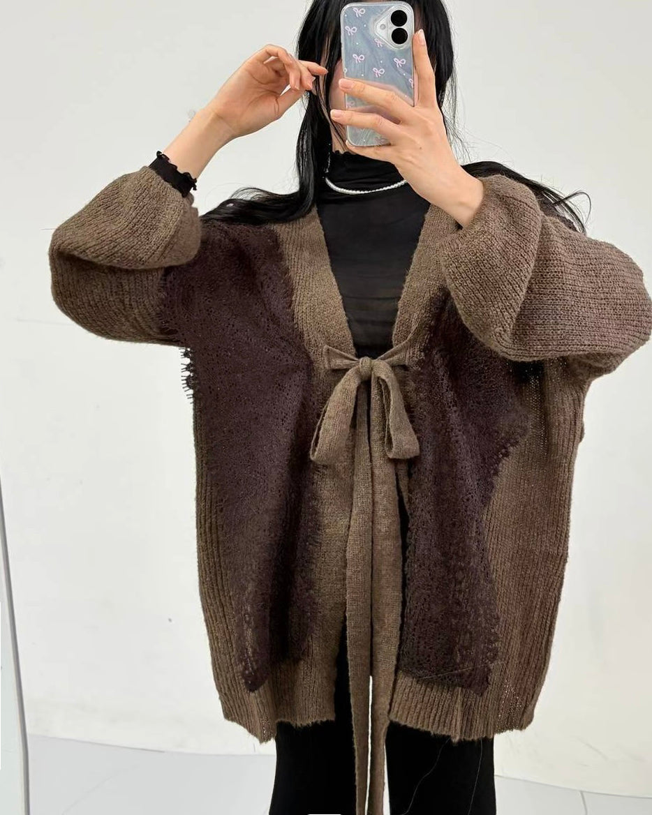 brown w/ lace knitted wrapped cardigan *pre-order*
