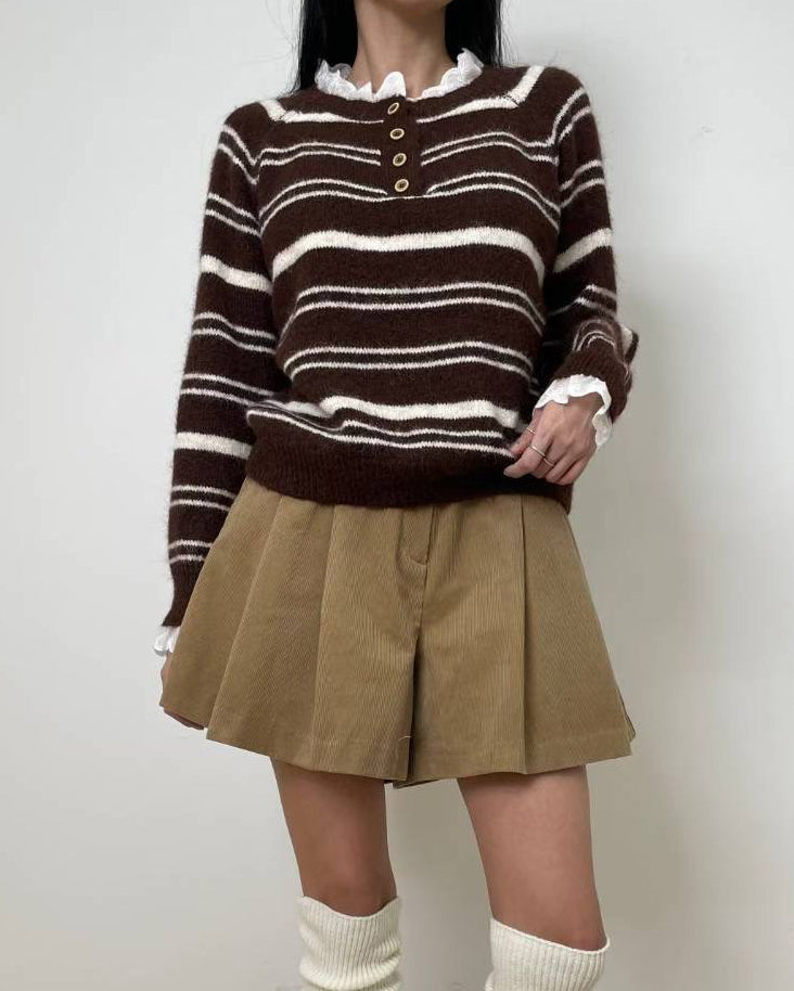 brown & ivory stripes w/ crochet collar knitted top *pre-order*