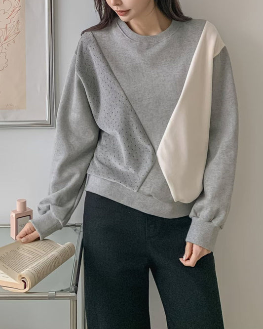 grey w/ ivory & polka dots contrast fleece sweatshirt *pre-order*