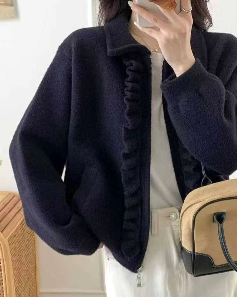 navy ruffles hem knitted cardigan *pre-order*