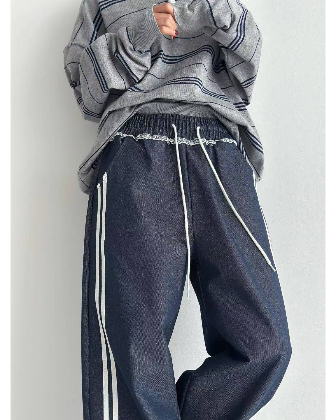 denim panel lace straight leg pants *pre-order*