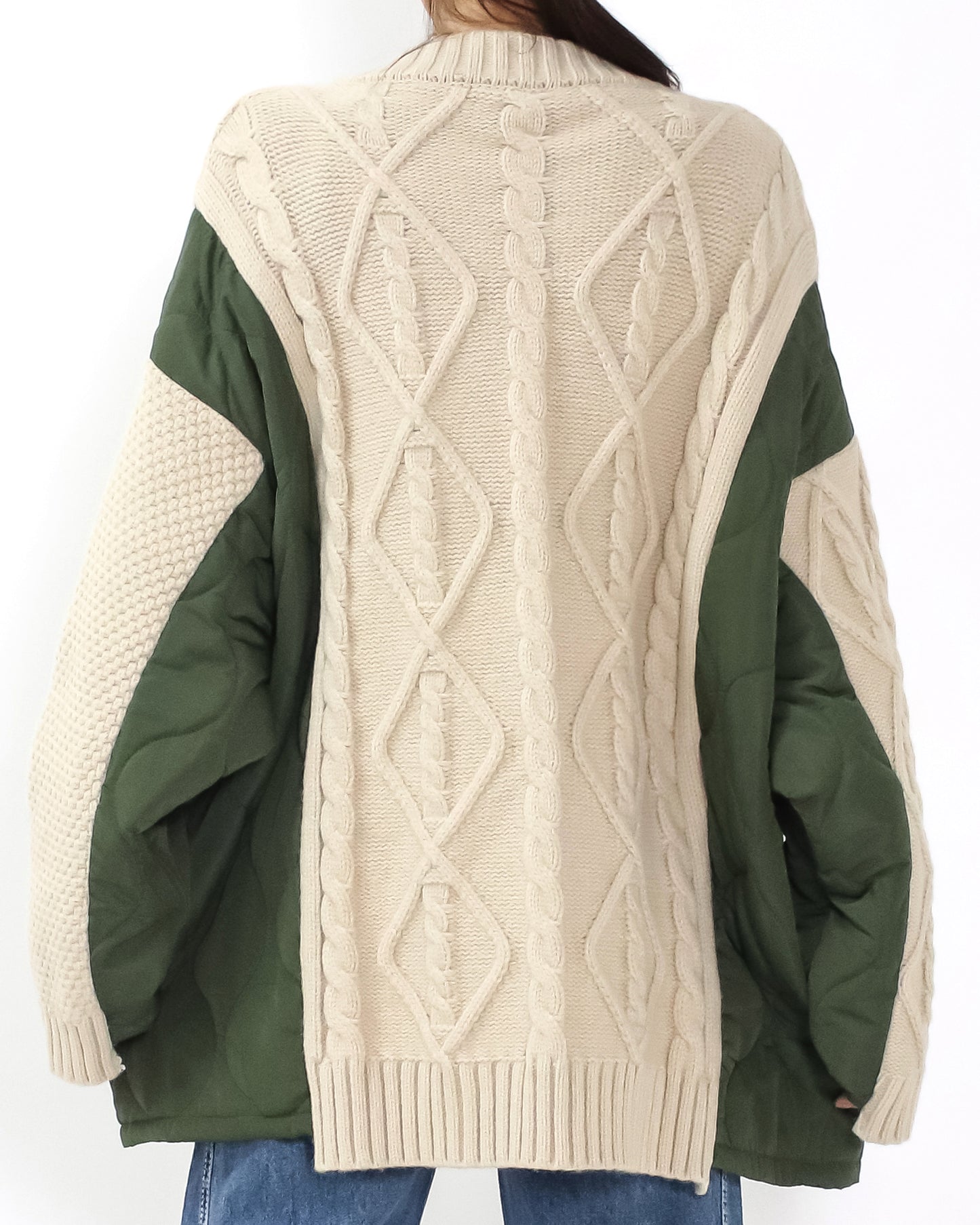 beige twisted knitted w/ green quilted cardigan *pre-order*