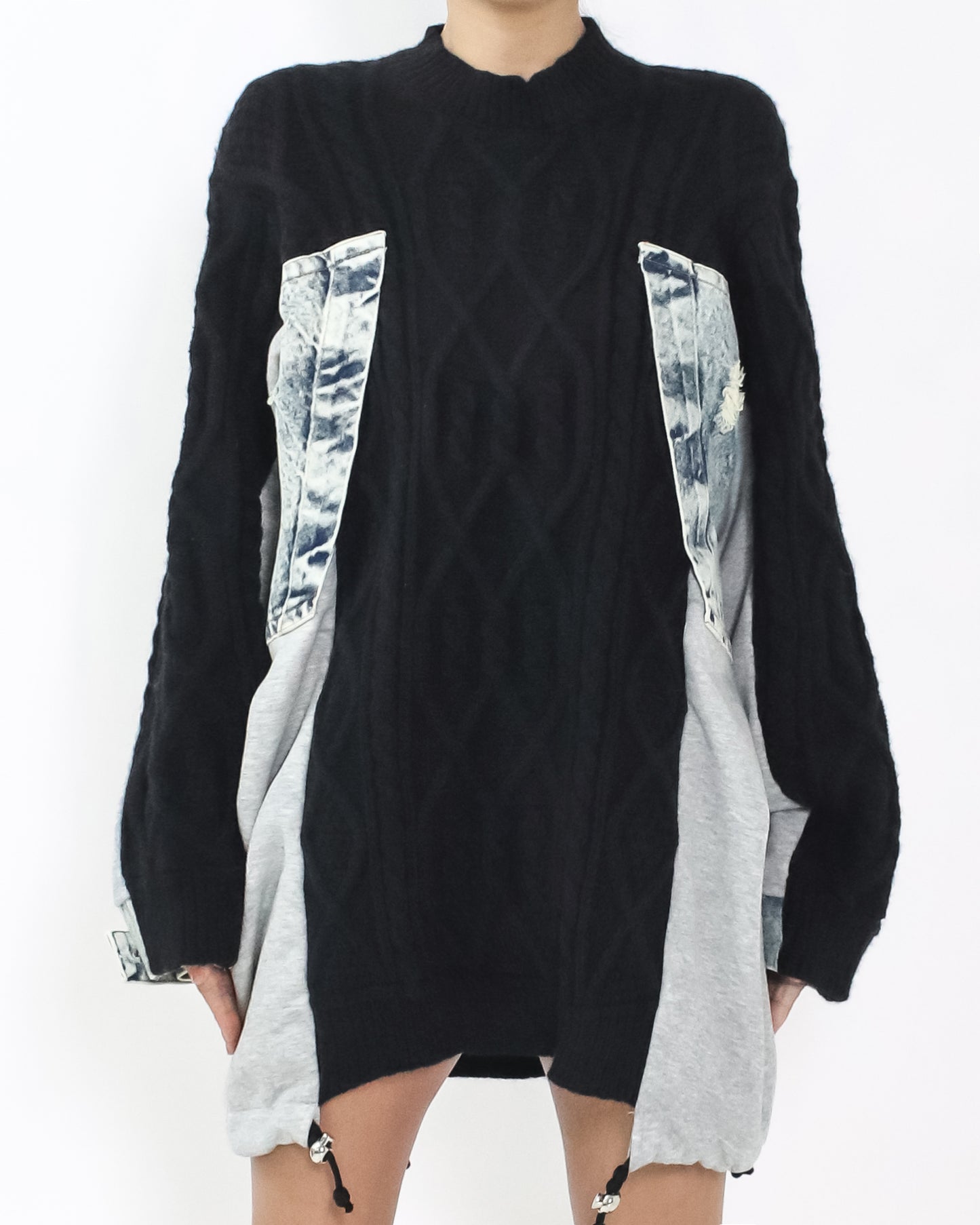 black twisted knitted w/ denim & sweat longline top *pre-order*