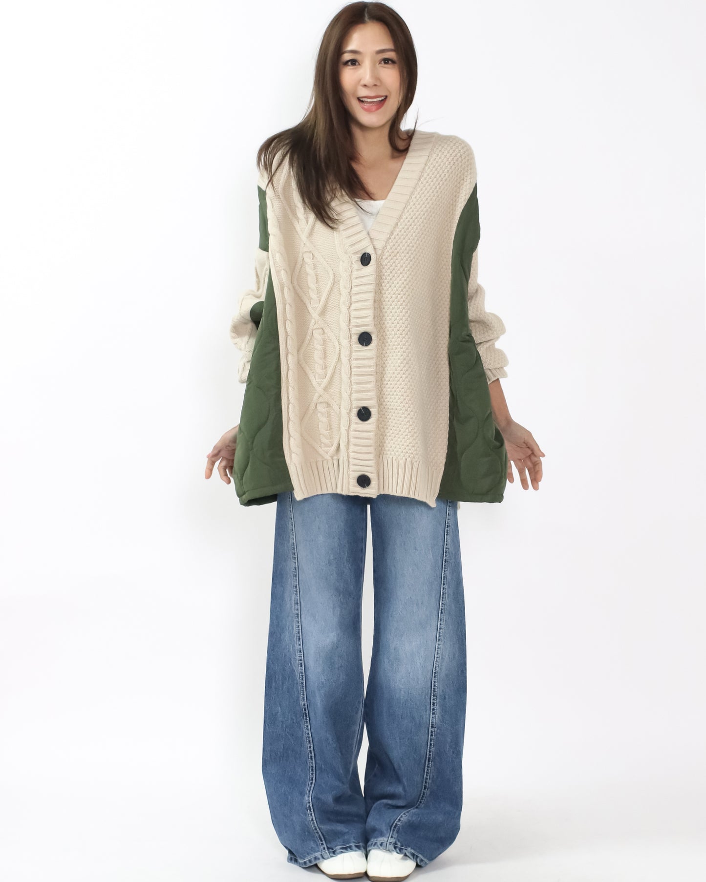 beige twisted knitted w/ green quilted cardigan *pre-order*