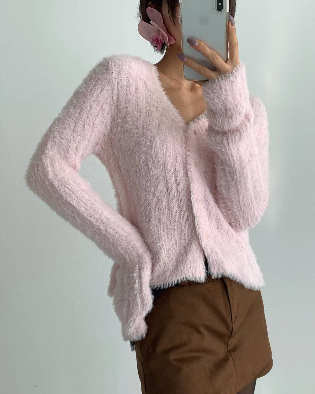 pink fluffy knitted cardigan *pre-order*