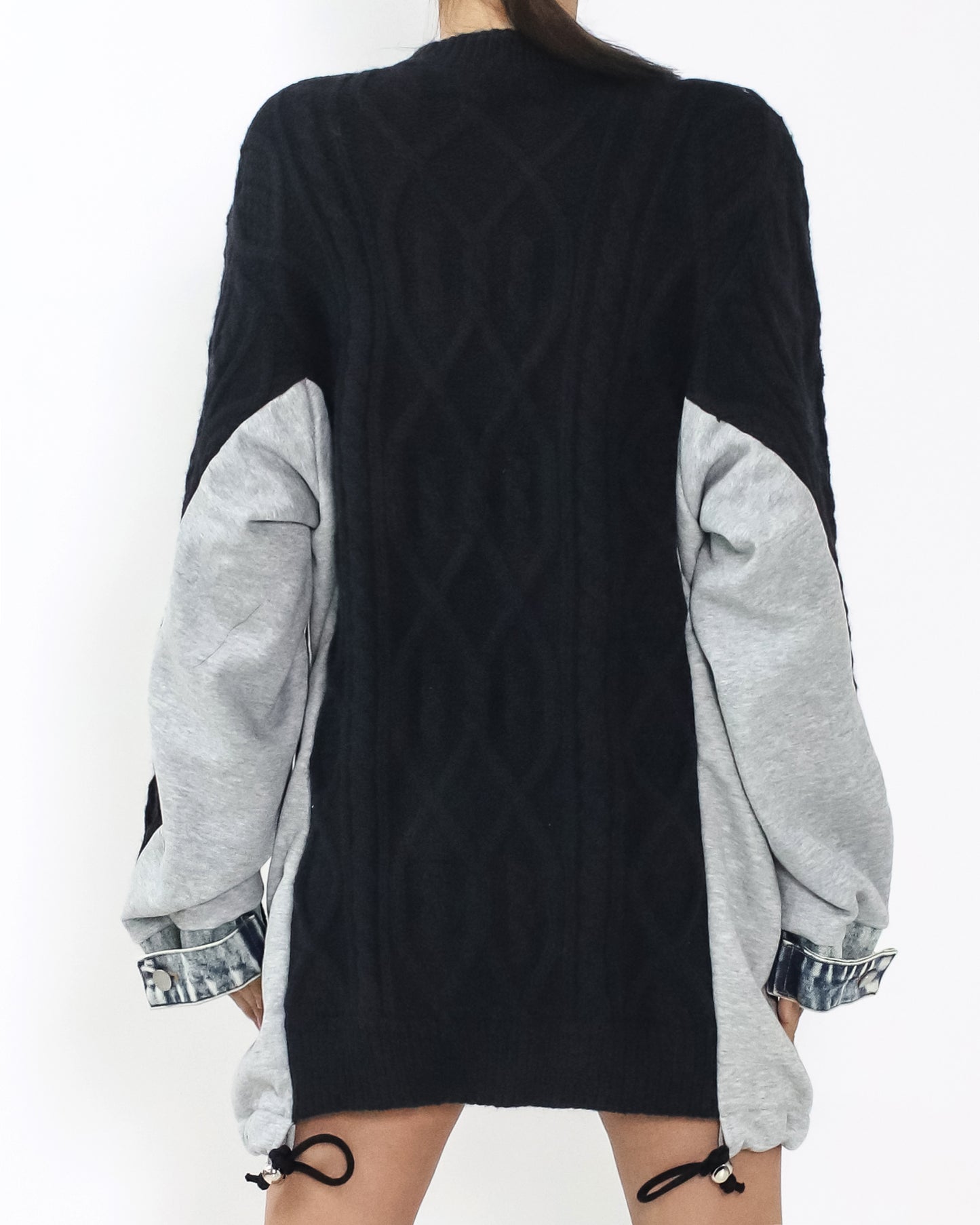 black twisted knitted w/ denim & sweat longline top *pre-order*