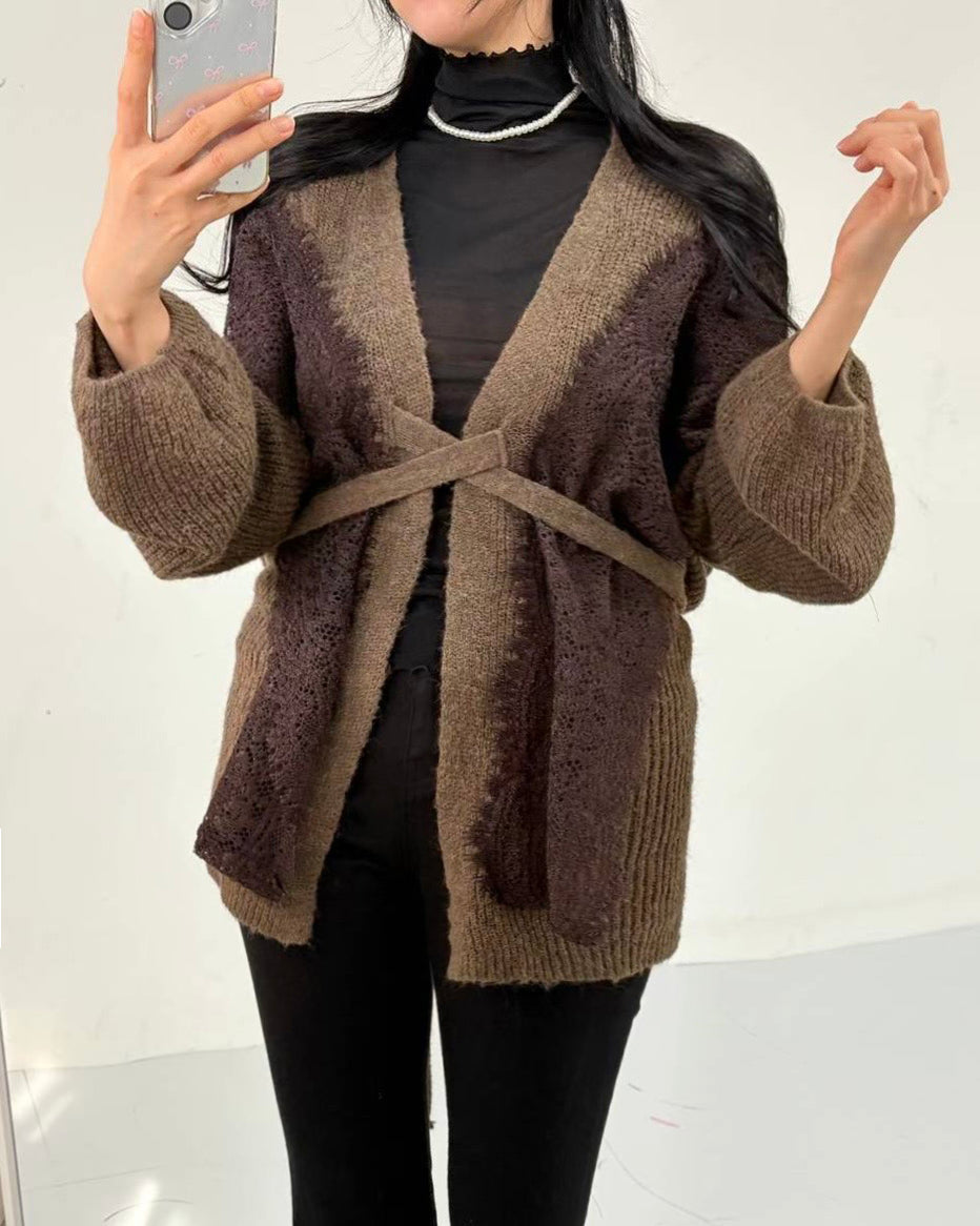 brown w/ lace knitted wrapped cardigan *pre-order*