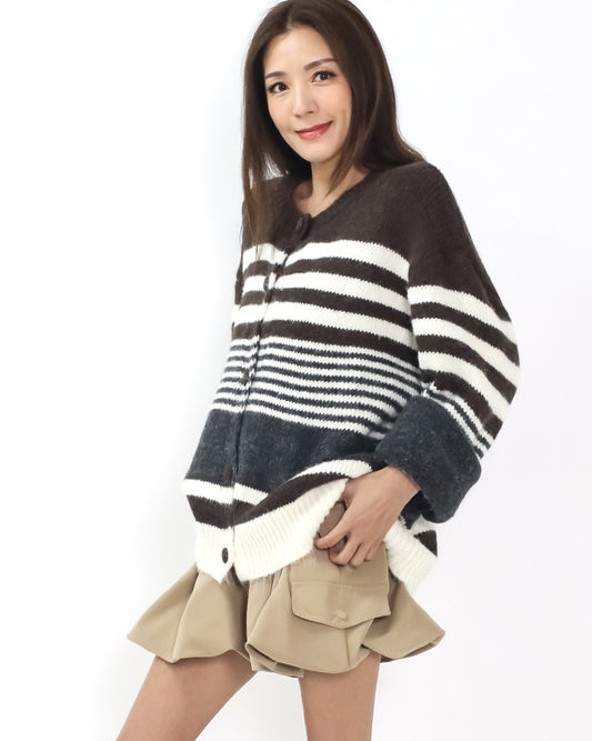 brown ivory and grey stripe knitted cardigan