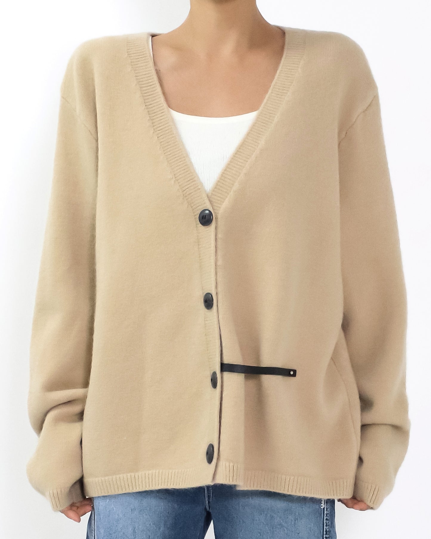 beige pu leather strap knitted cardigan