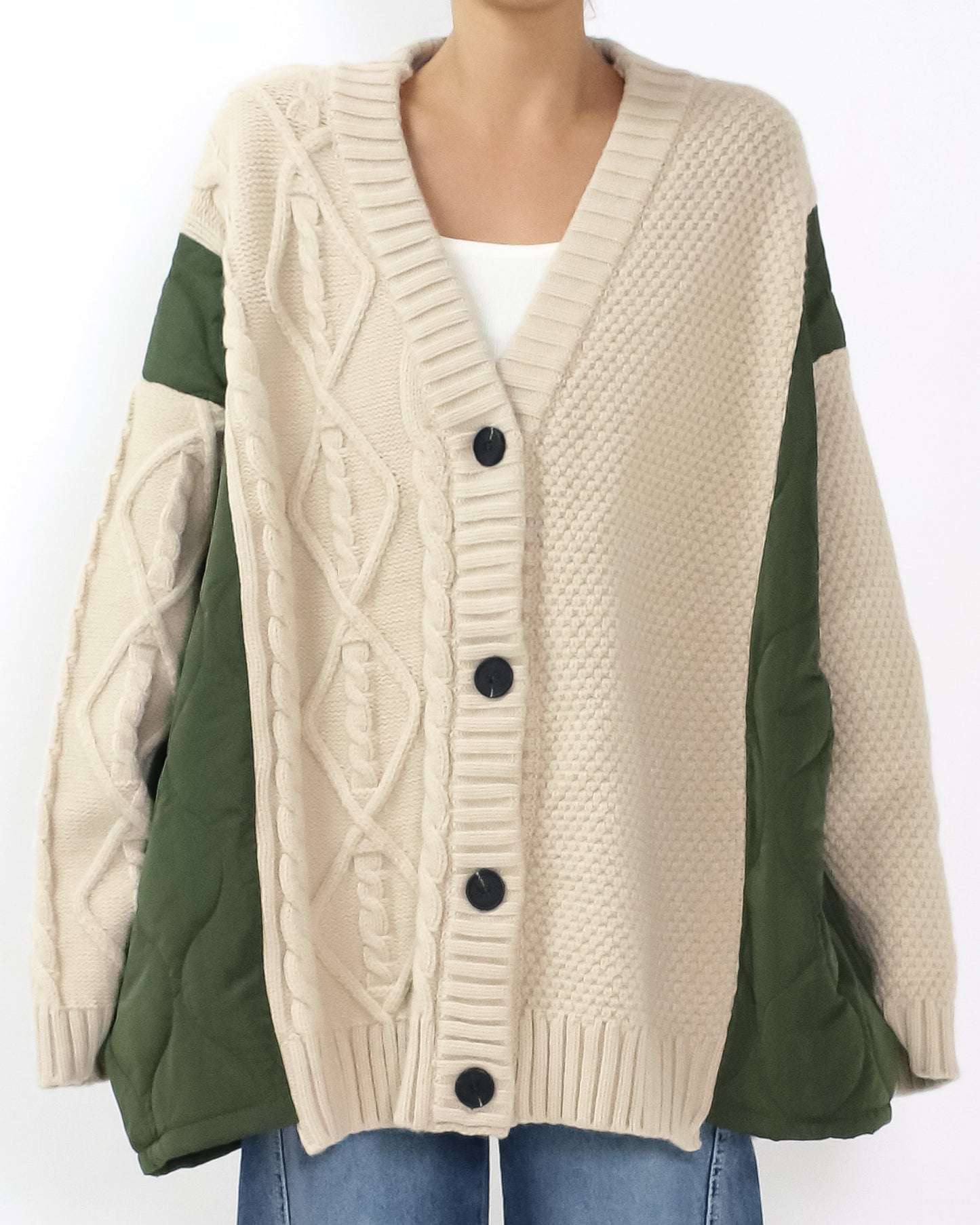 beige twisted knitted w/ green quilted cardigan *pre-order*