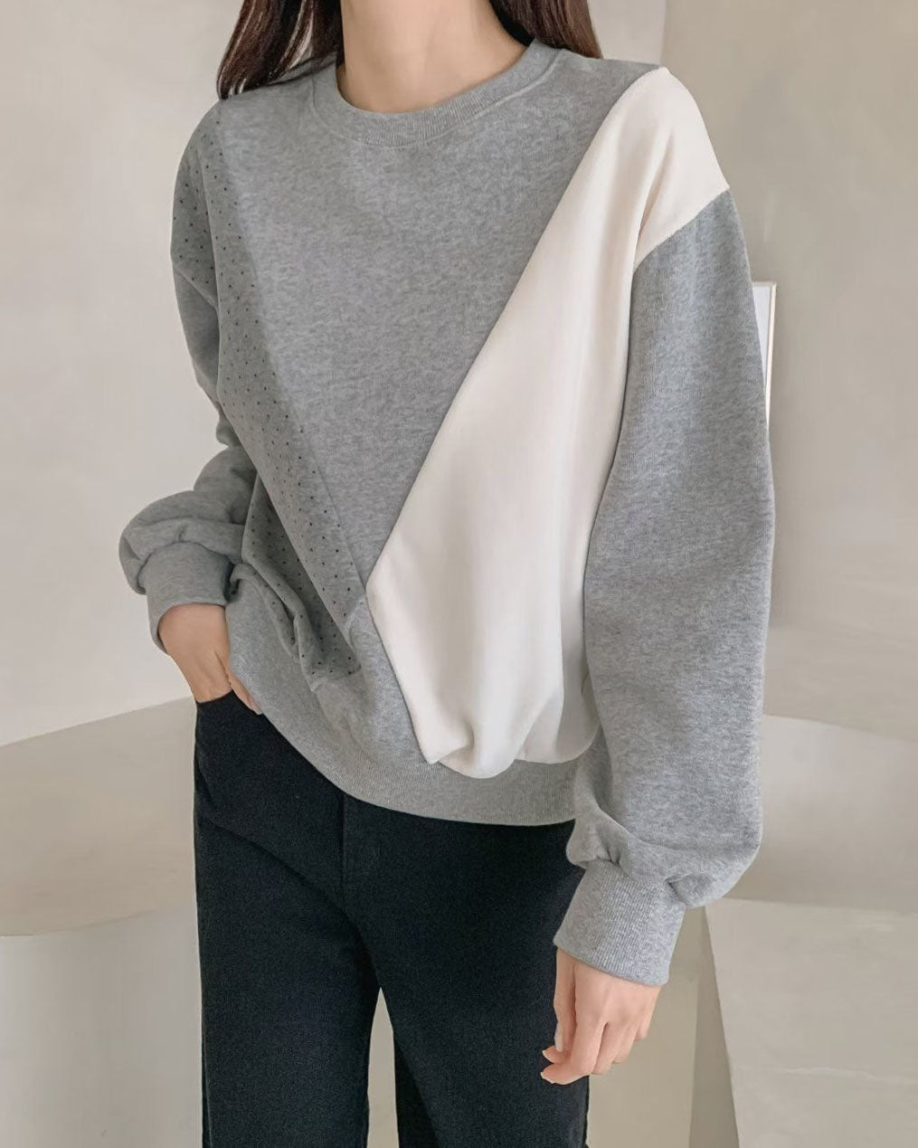 grey w/ ivory & polka dots contrast fleece sweatshirt *pre-order*