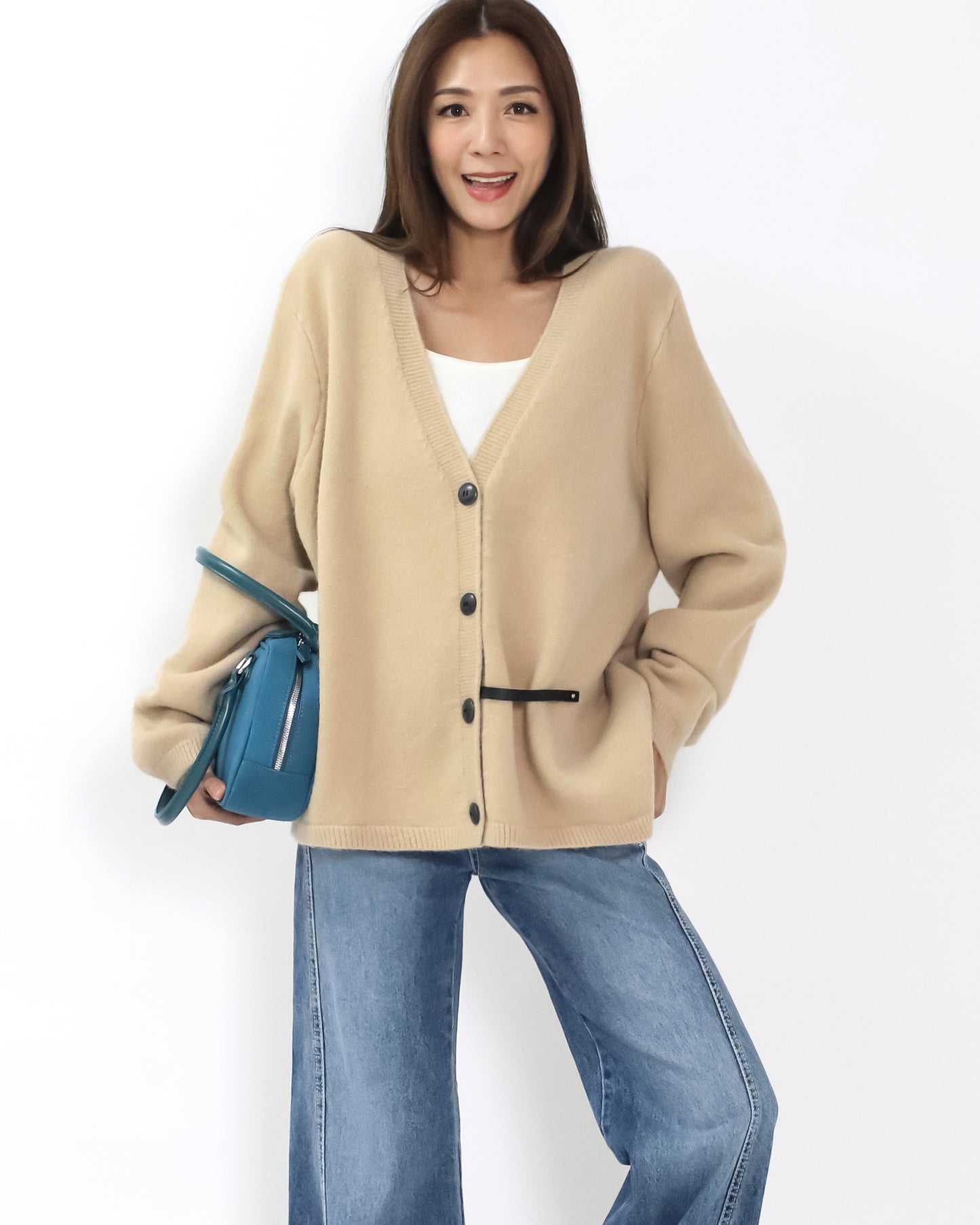 beige pu leather strap knitted cardigan