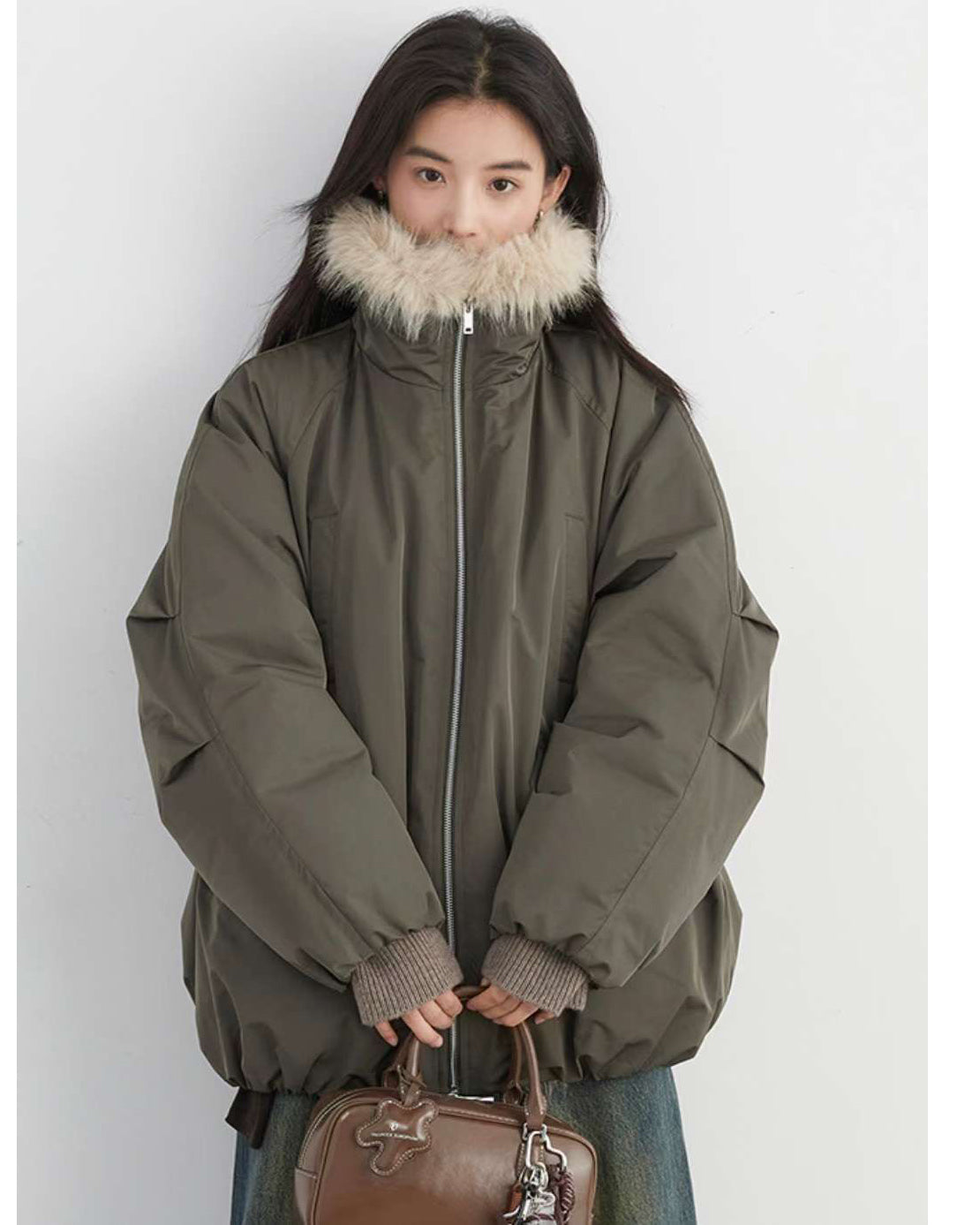 green w/ beige faux fur bomber jacket *pre-order*