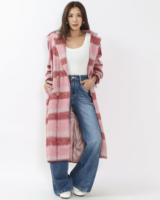 pink & ivory checkers wool blended longline jacket *pre-order*