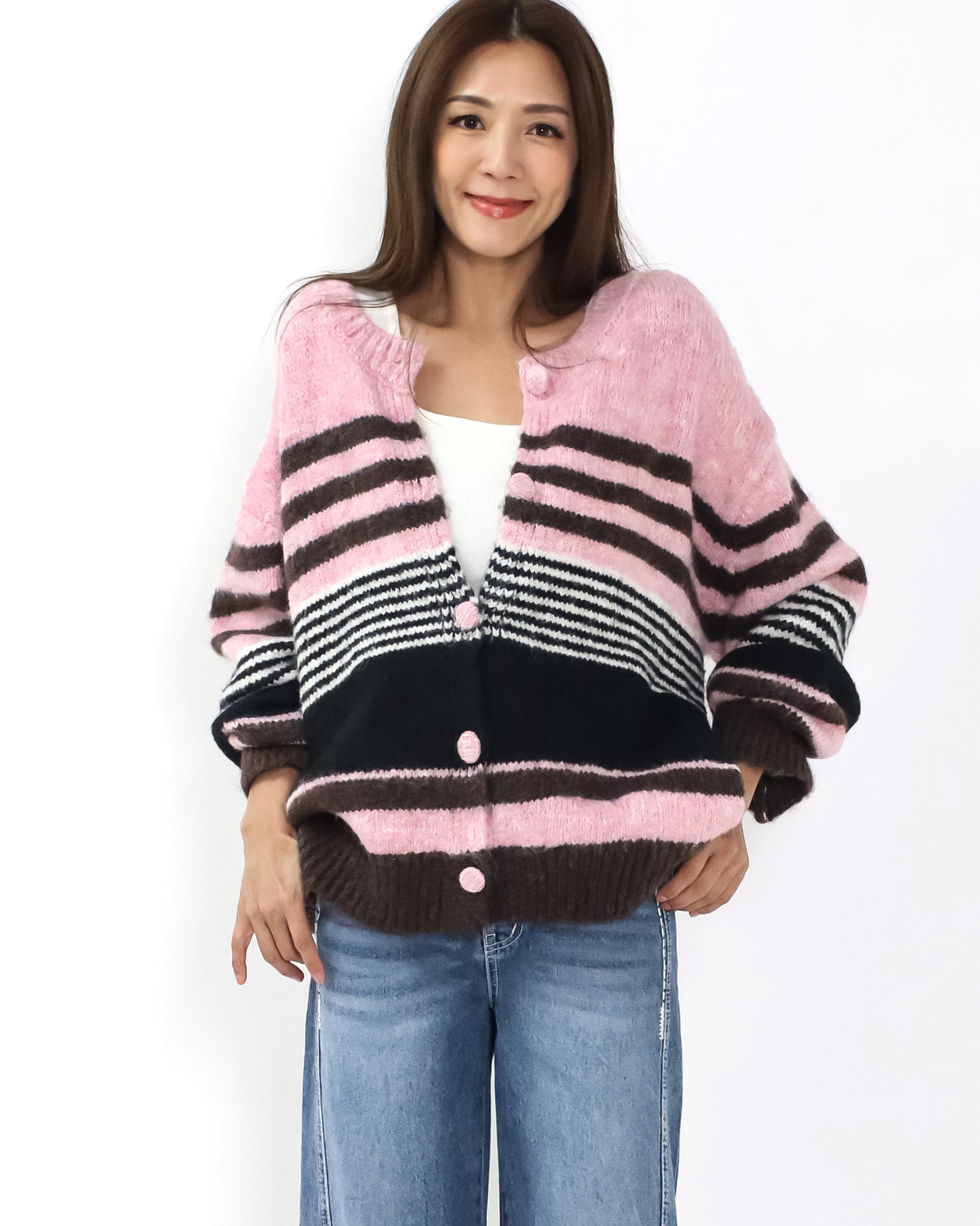 pink brown ivory and grey stripe knitted cardigan *pre-order*