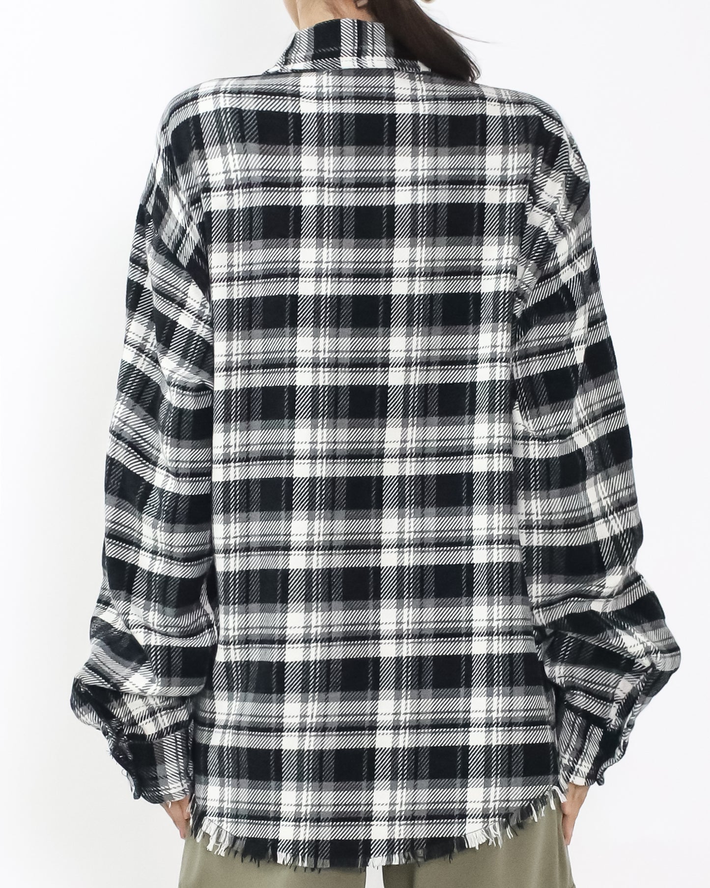 black & ivory checkers tassels hem shirt