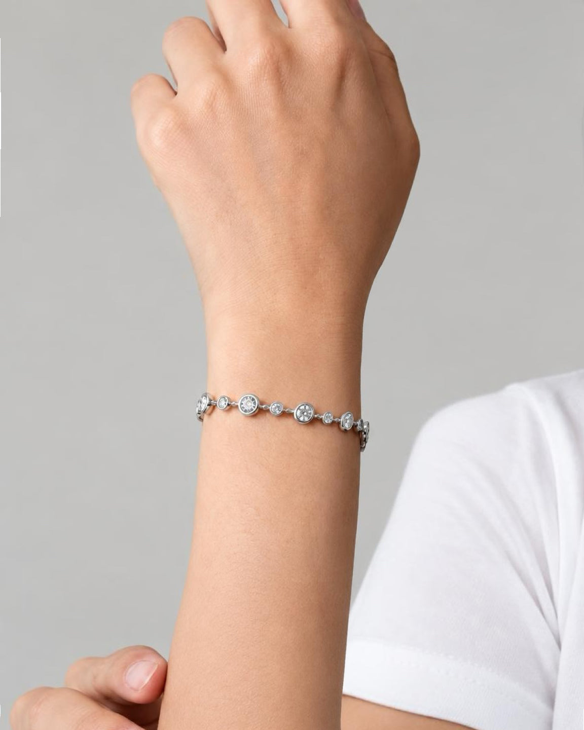 round lab-grown diamond bezel rhodium plated tennis bracelet