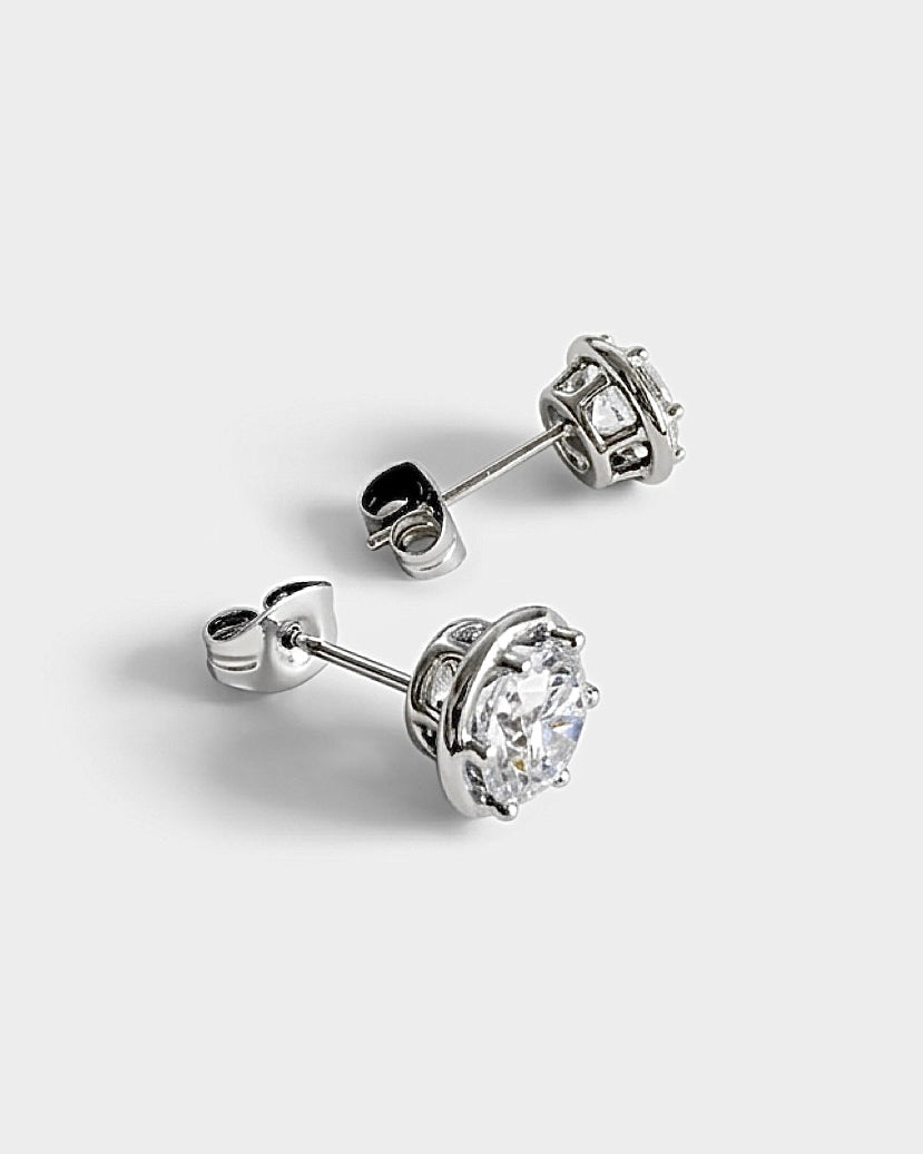 1ct round bazel lab-grown diamond rhodium plated alloy studded earrings