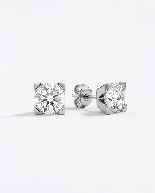 1ct round C square lab-grown diamond rhodium plated alloy studded earrings