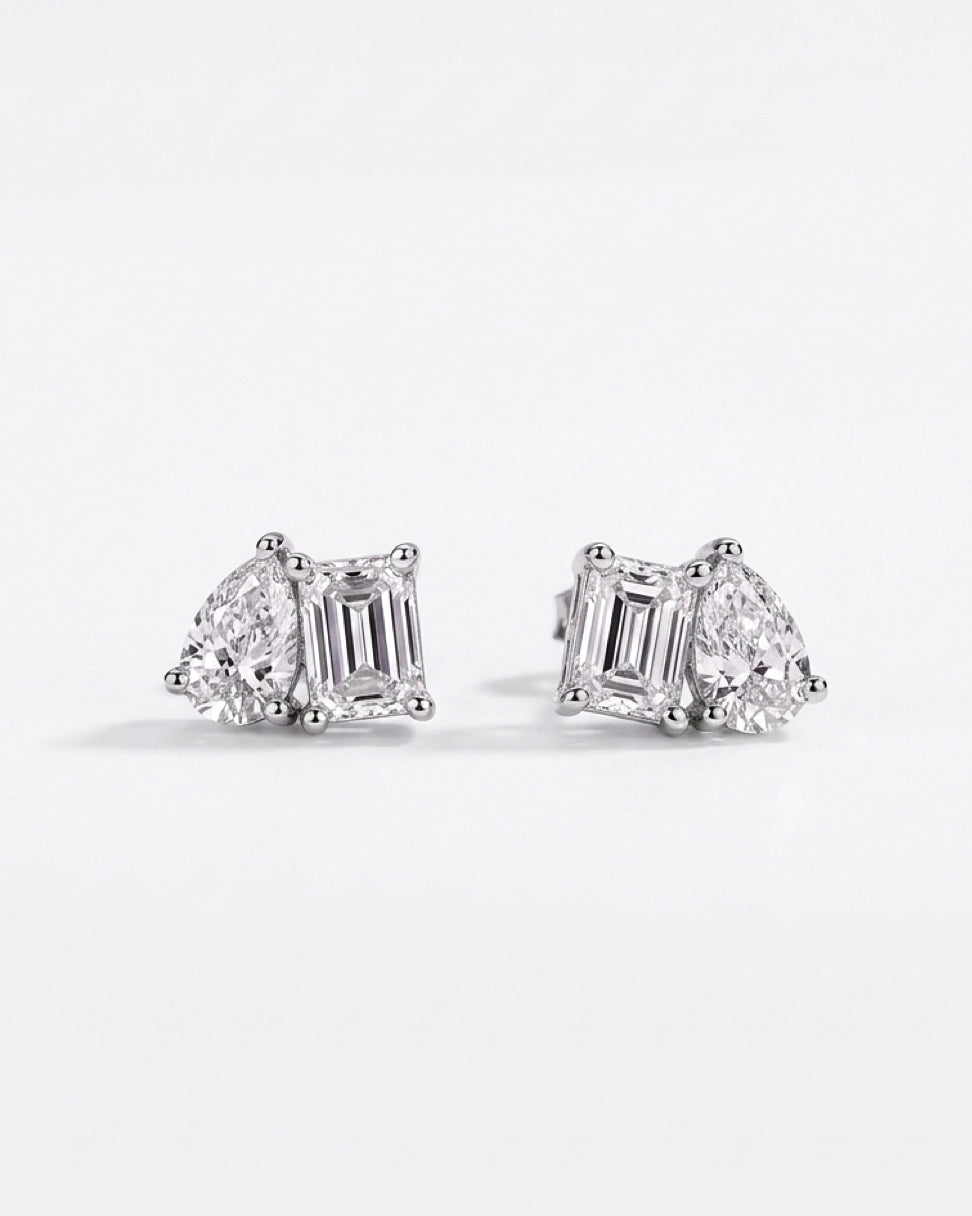 pear & emerald lab-grown diamond rhodium plated stud earrings