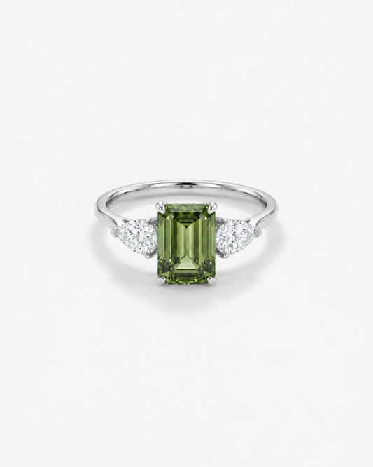 1.5ct fancy green emerald 3-stone lab grown diamond 14K ring