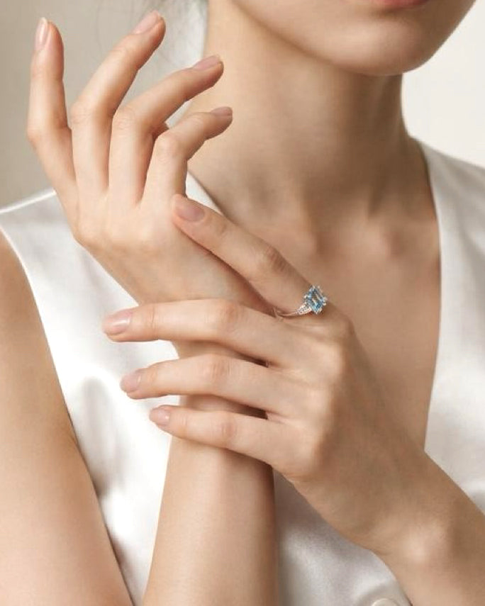 2ct fancy blue asscher 3-stone lab grown diamond 14K ring