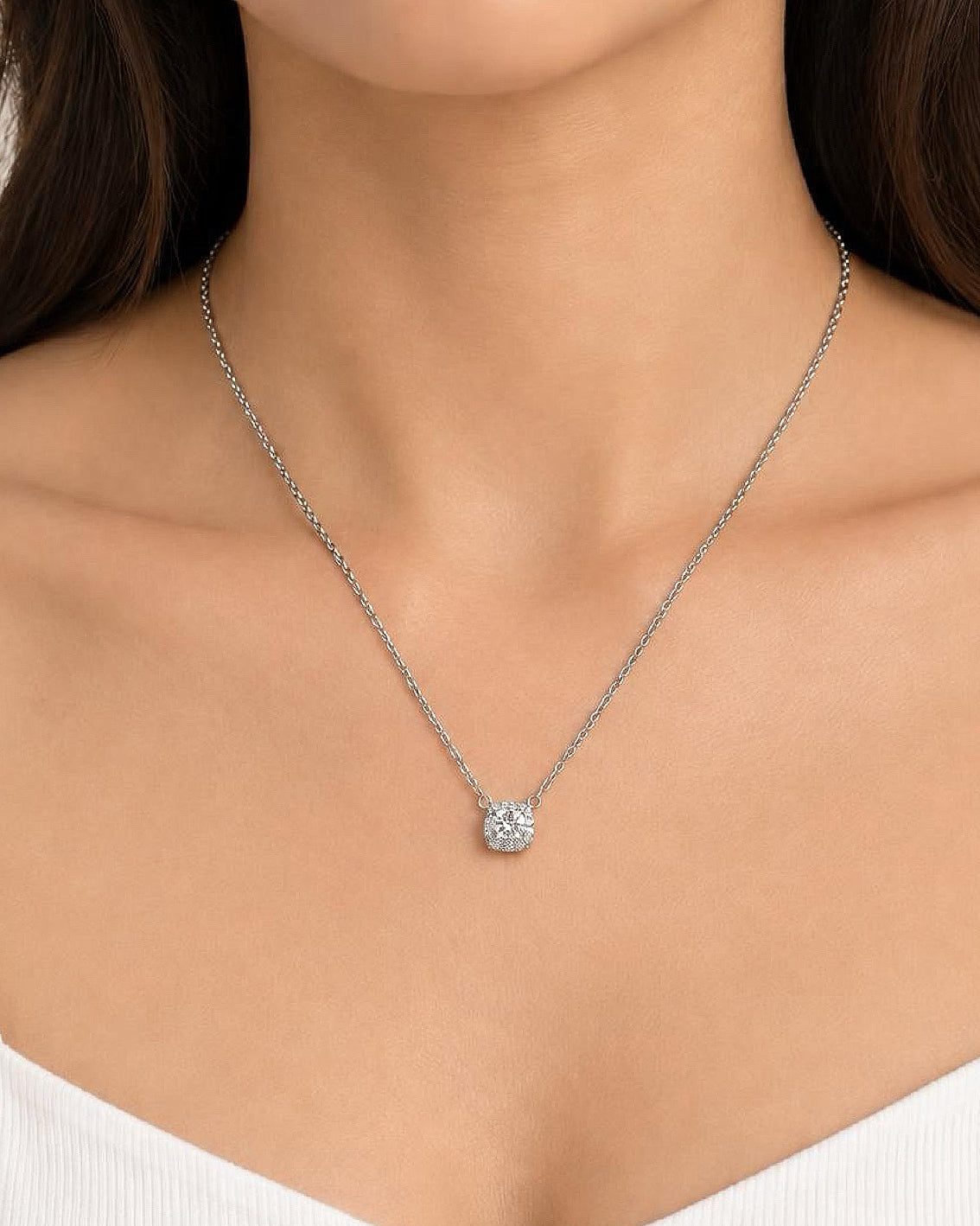 1ct cushion halo lab grown diamond rhodium plated necklace