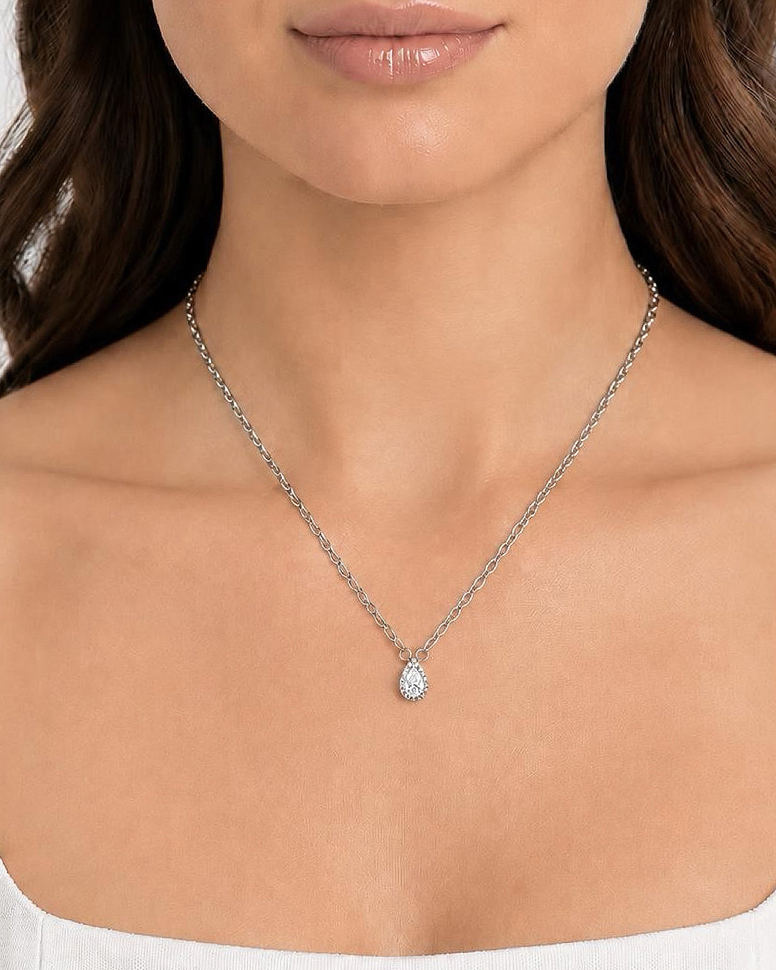 0.5ct / 0.8ct / 1ct pear halo lab grown diamond rhodium plated necklace