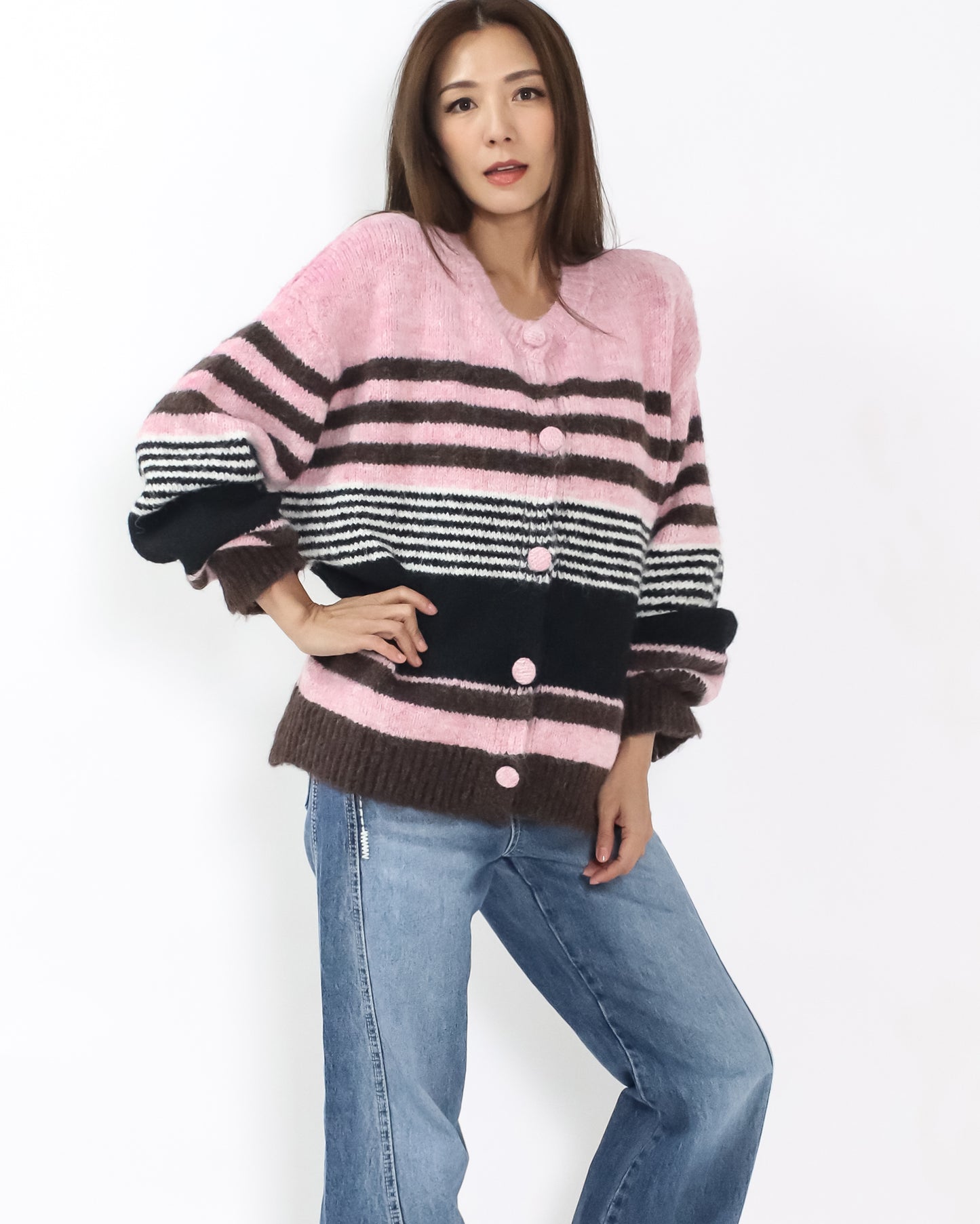 pink brown ivory and grey stripe knitted cardigan *pre-order*