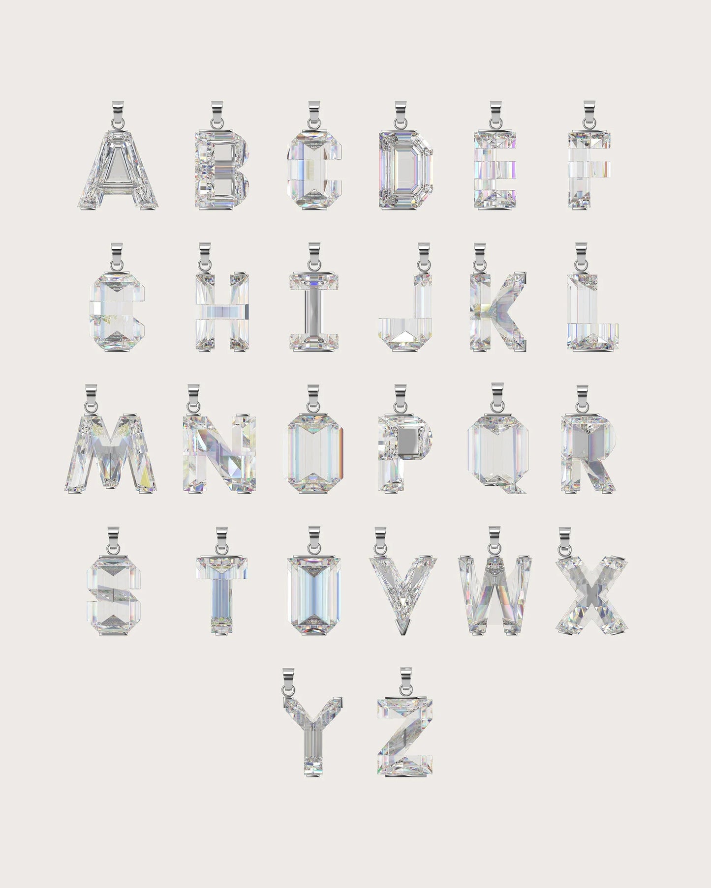 A set of alphabet letters from A to Z, each cut and shaped like a clear faceted gemstone pendant, arranged in rows on a light warm gray background.