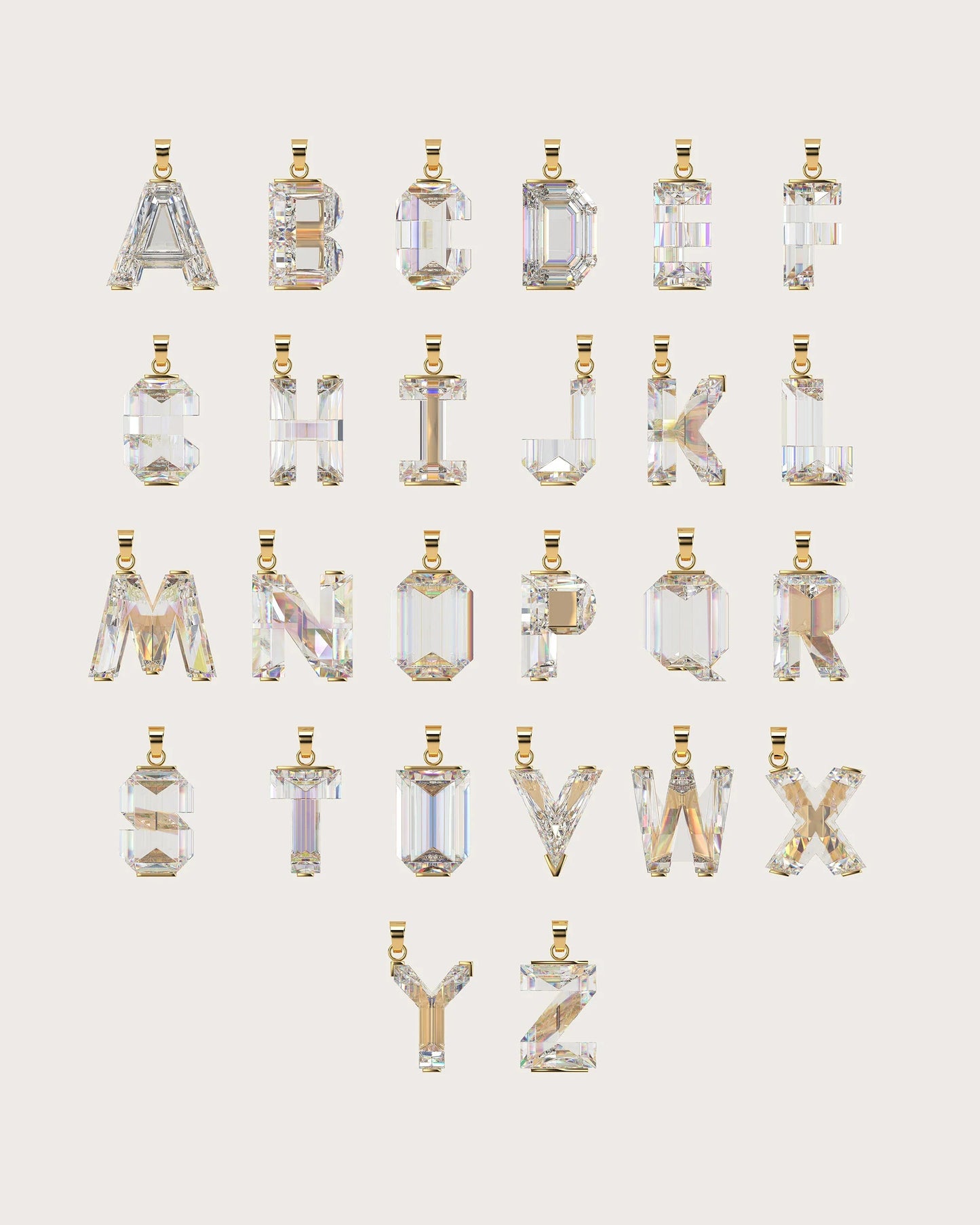 Crystal letter pendants on a light background
