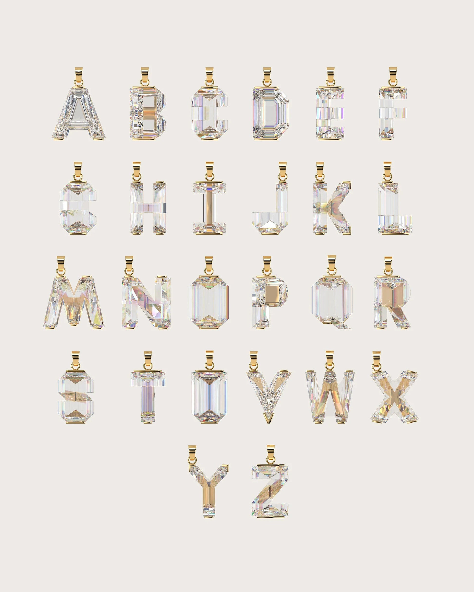 Crystal letter pendants on a light background
