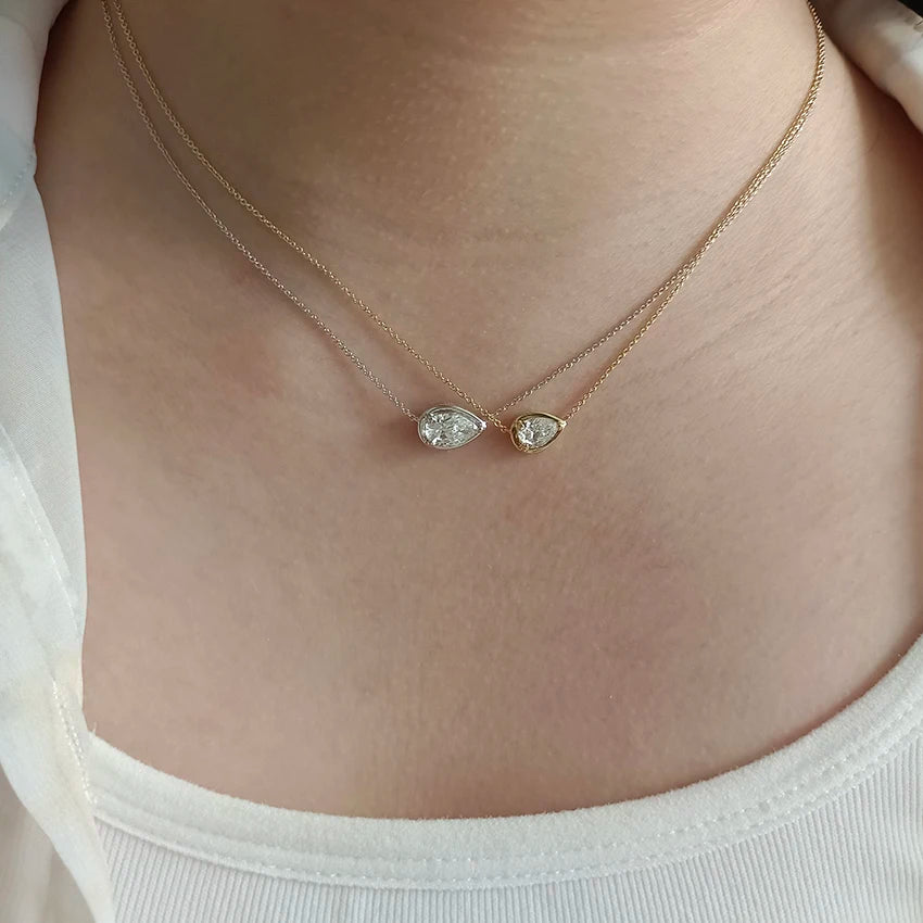 0.65ct / 1ct pear bezel pendant 14k lab diamond necklace