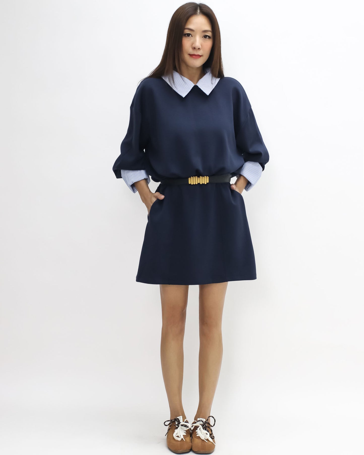 navy neoprene with blue stripes shirt collar & cuffs dress