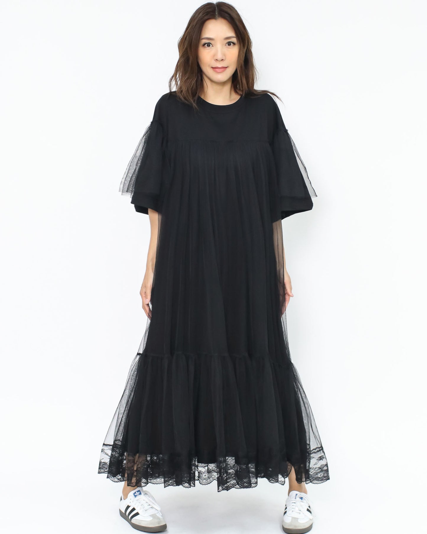 black mesh lace layer tee dress