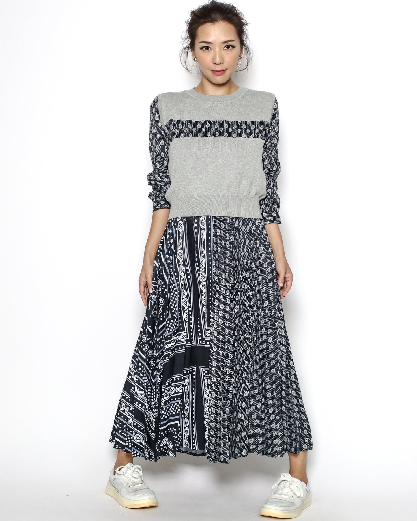 grey knitted top & navy pattern chiffon set dress *pre-order*