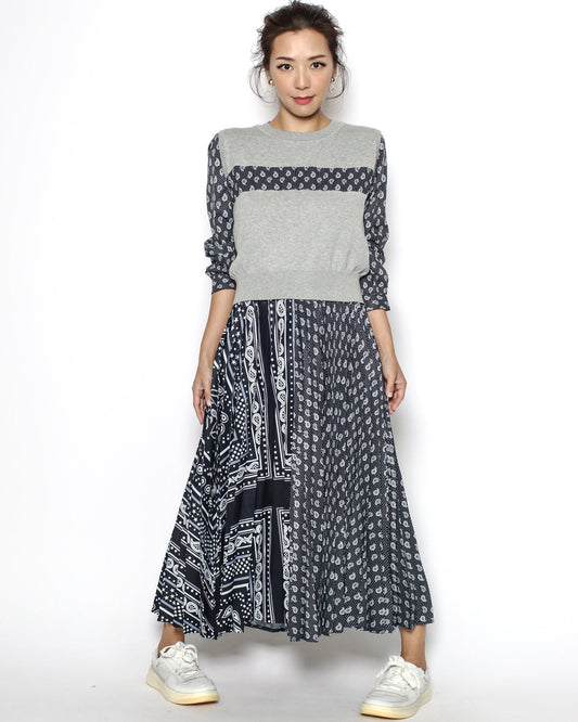 grey knitted top & navy pattern chiffon set dress