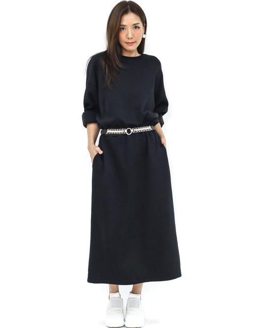 black stretch waist fleece sweat dress