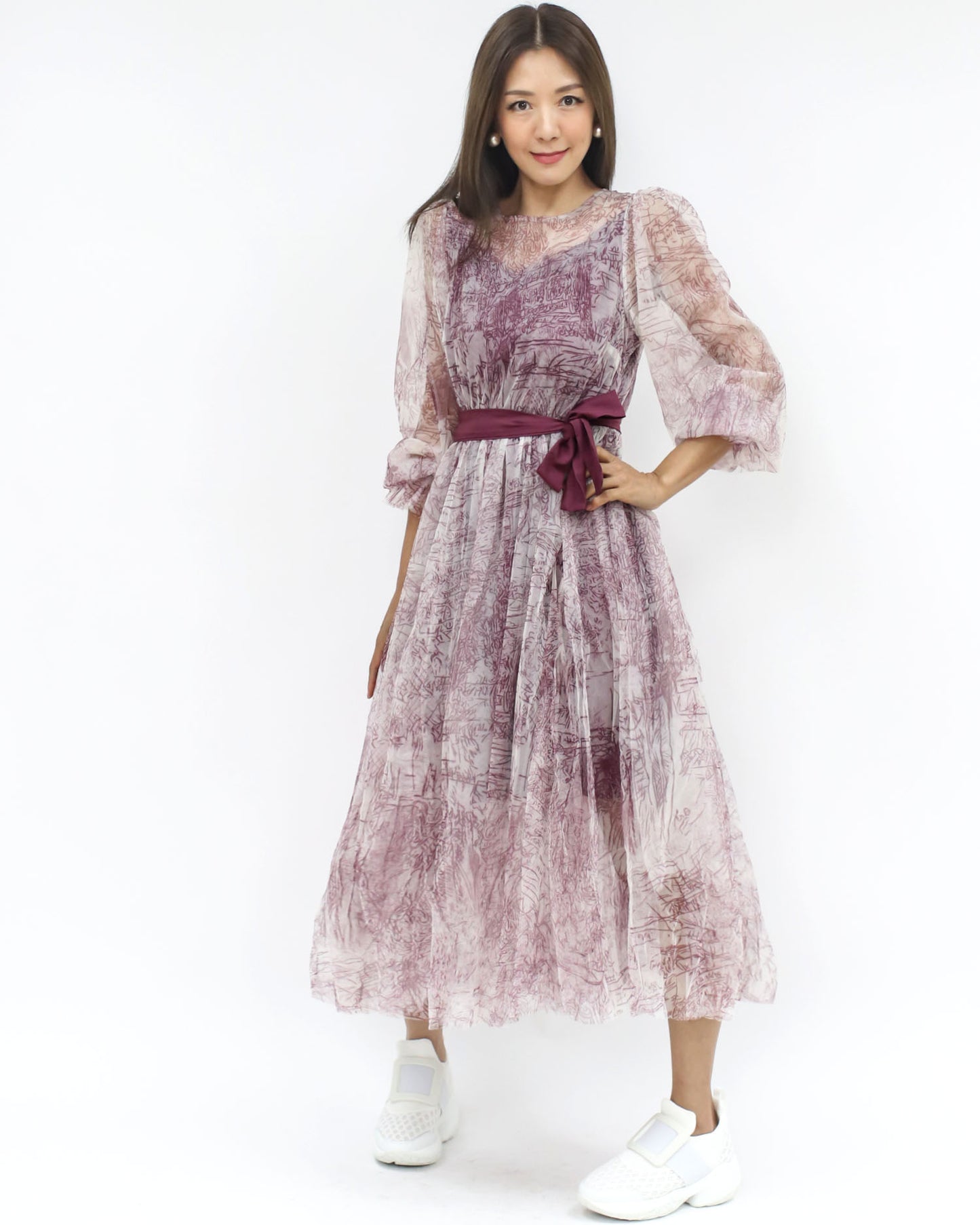 burgundy printed mesh layers dress w/ ribbon belt