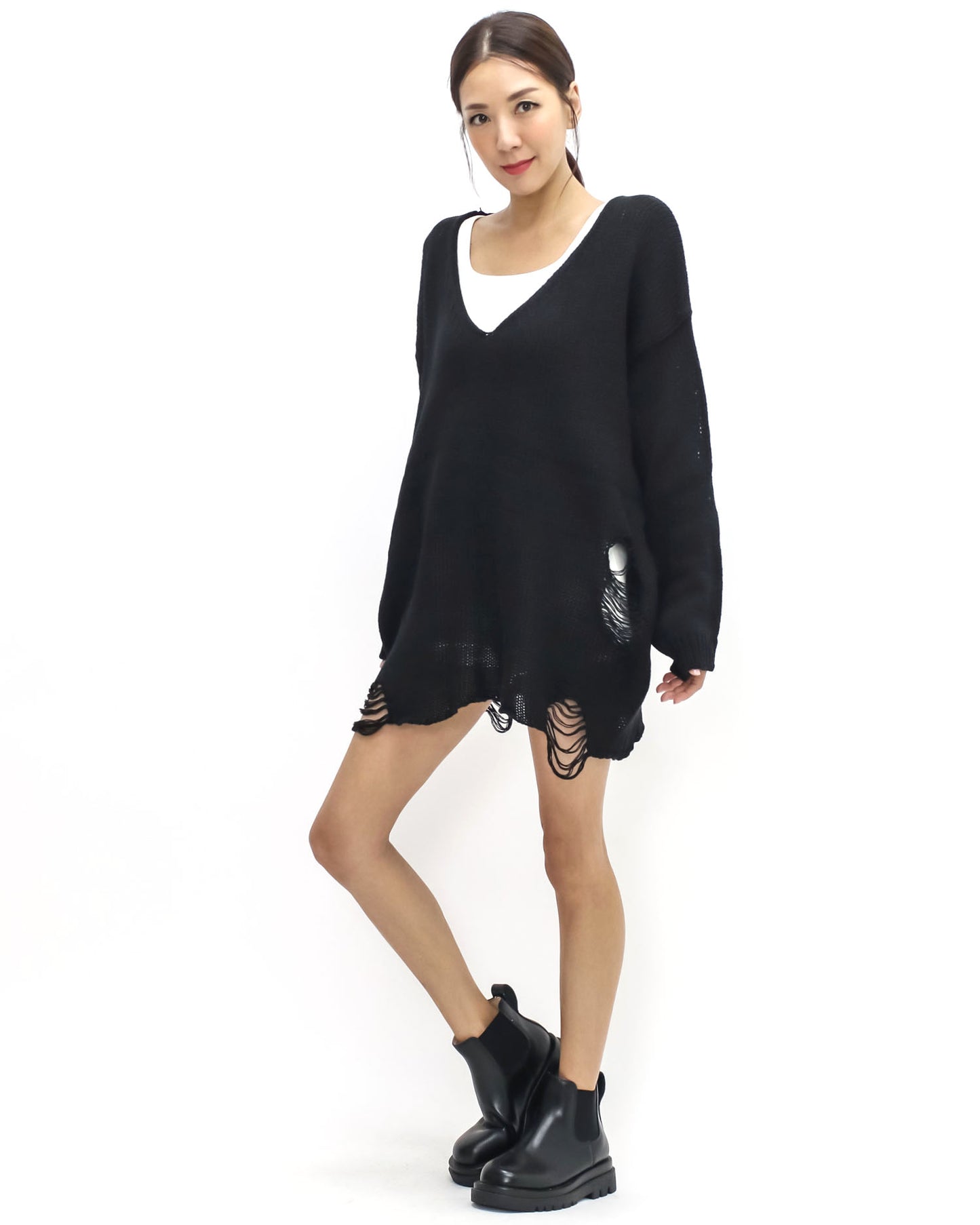 black ripped knitted longline top