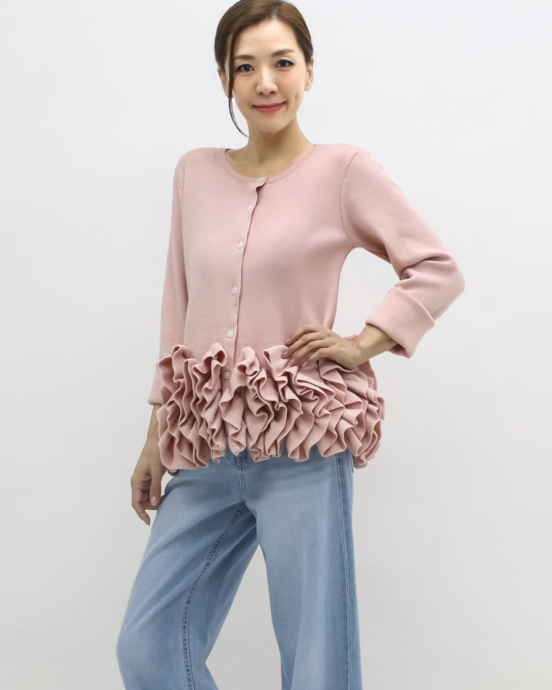 pink ruffles hem knitted top
