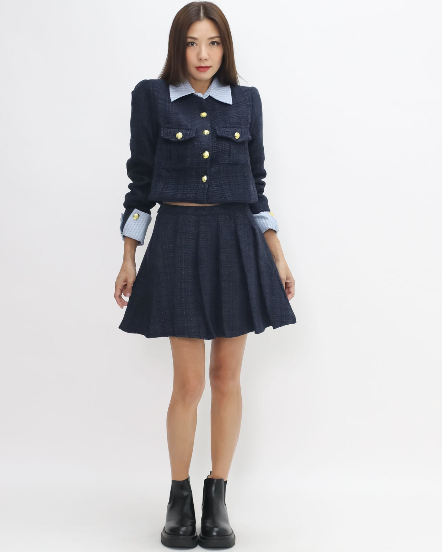 navy tweed blue stripes shirt collar & cuffs w/ pleats skirt set