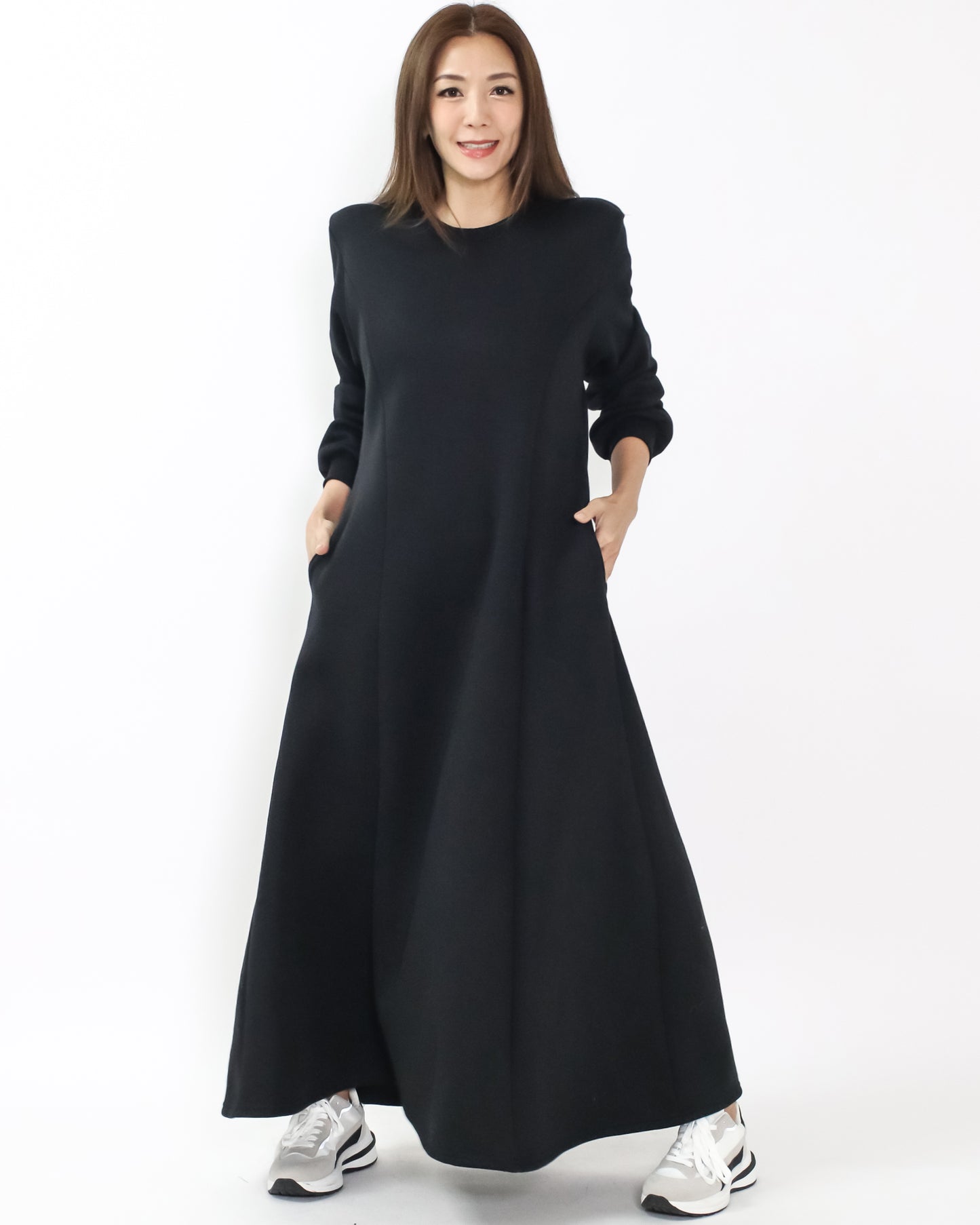 black flare fleece sweat longline dress