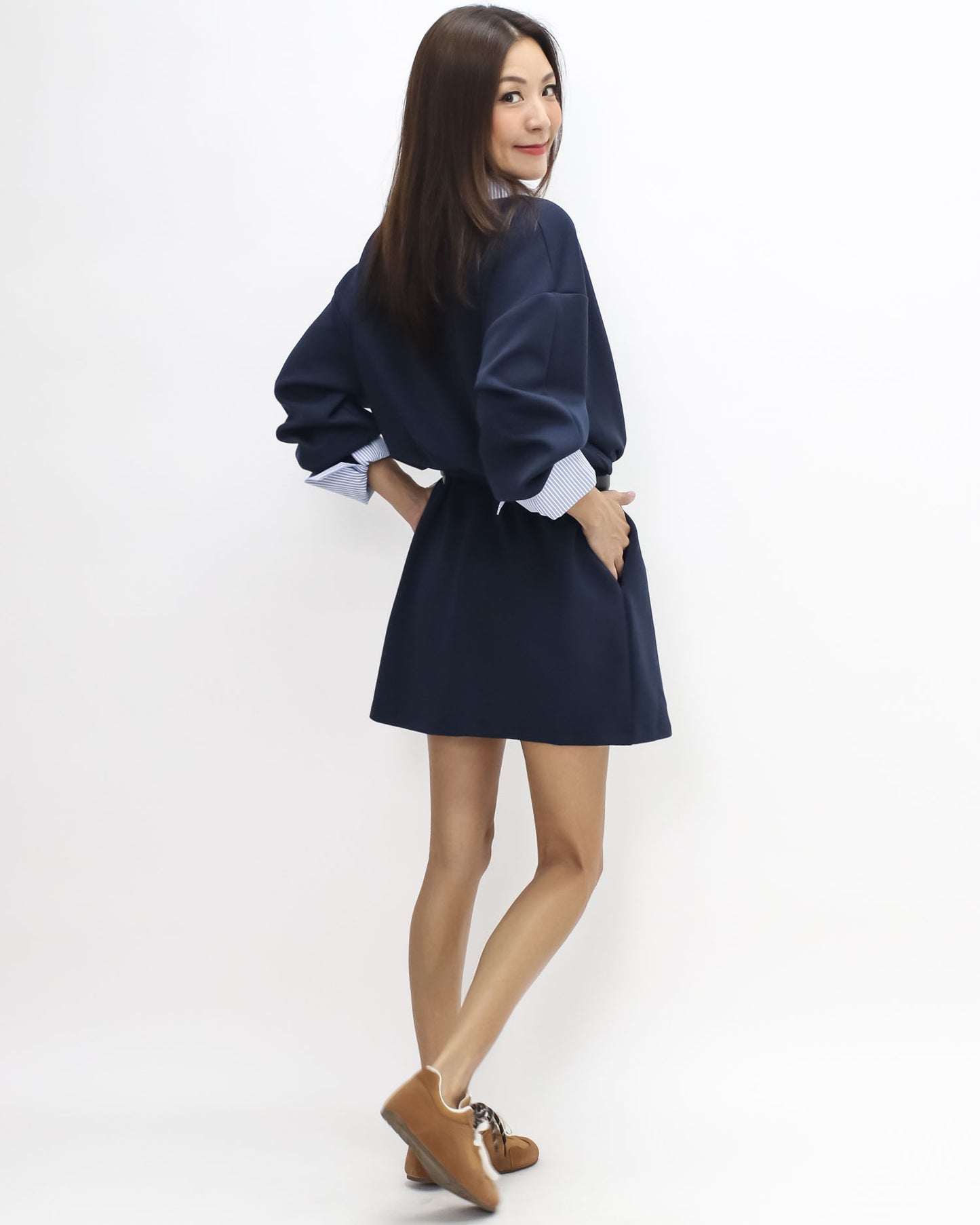 navy neoprene with blue stripes shirt collar & cuffs dress