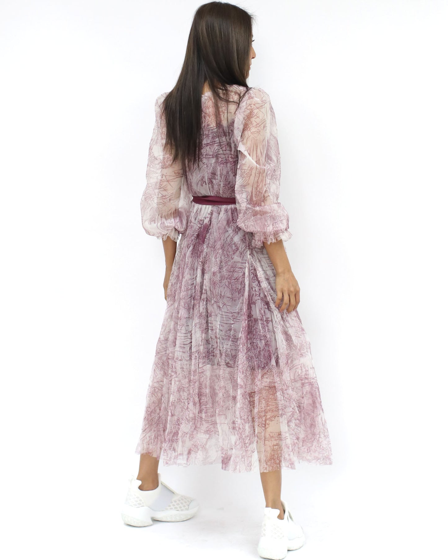 burgundy printed mesh layers dress w/ ribbon belt