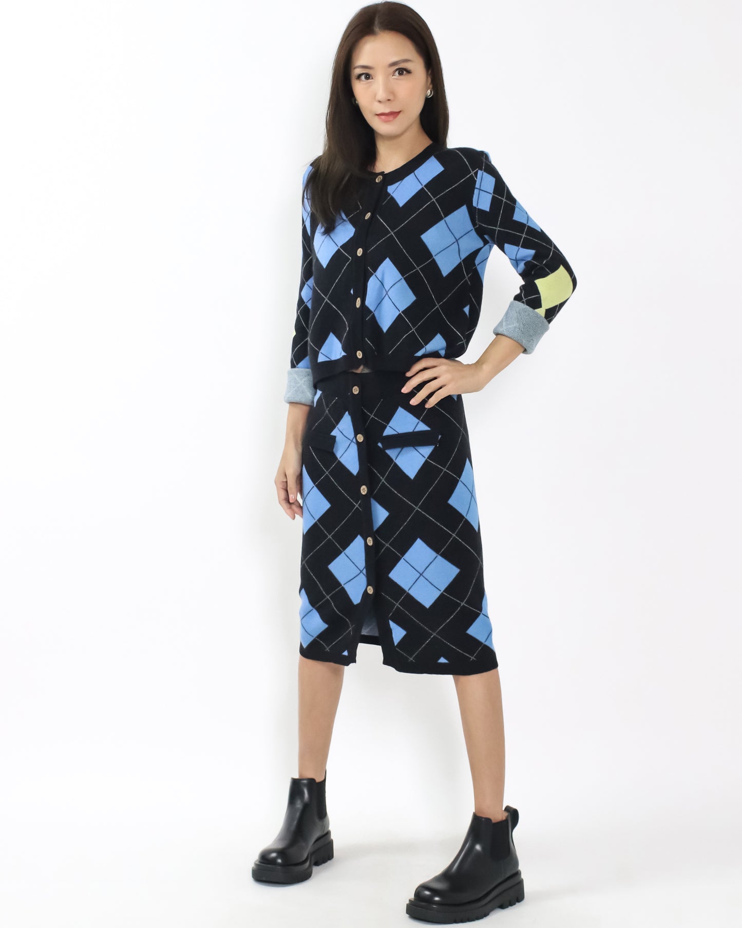 black blue & yellow checkers knitted cardigan & skirt set *pre-order*